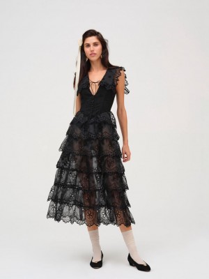 Black For Love & Lemons Daisy Eyelet Midi Dress | US-WDQA90218