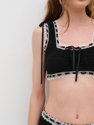 Black For Love & Lemons Mayfair Crochet Crop Top | US-KWSU38540