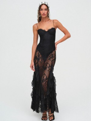 Black For Love & Lemons Shirley Lace Maxi Dress | US-ZEPV84061