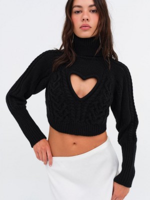 Black For Love & Lemons Vera Cropped Cut Out Sweater | US-JKZN72580