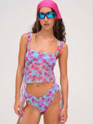 Blue For Love & Lemons Floral Stems Ruffle Bikini Top | US-PTAG95723