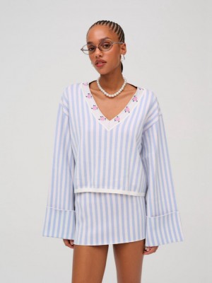 Blue / White For Love & Lemons Edie Jacquard Knit Sweater | US-ZAXV18640