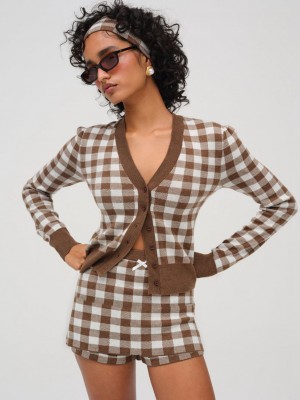 Brown / White For Love & Lemons Gingham Knit Cardigan | US-SFMD43026