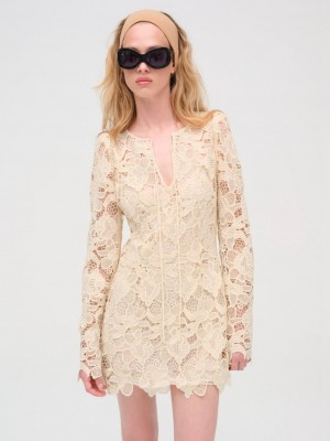 Cream For Love & Lemons Coco Lace Long Sleeve Mini Dress | US-TWNY81049