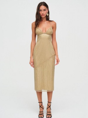 Gold For Love & Lemons Glitter Grid Midi Dress | US-GDRE51274