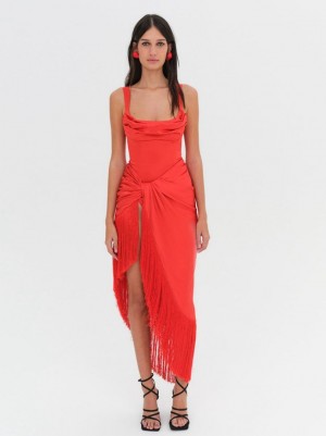 Red For Love & Lemons Anisa Fringe Midi Dress | US-TQKI80749