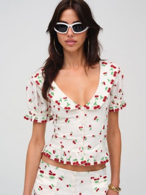 White For Love & Lemons Beaded Cherries Top | US-EOPG45312