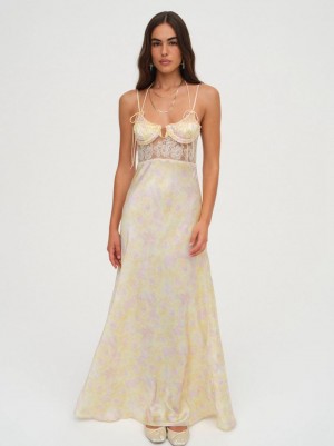 Yellow For Love & Lemons Amora Floral Maxi Dress | US-UYOI98530