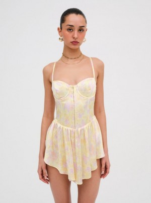 Yellow For Love & Lemons Charlene Mini Dress | US-DHGZ79841