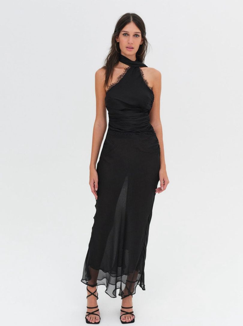 Black For Love & Lemons Angela Chiffon Maxi Dress | US-NESR62074