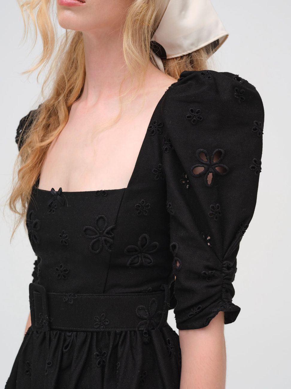 Black For Love & Lemons Daisy Eyelet Belted Mini Dress | US-POAN59480