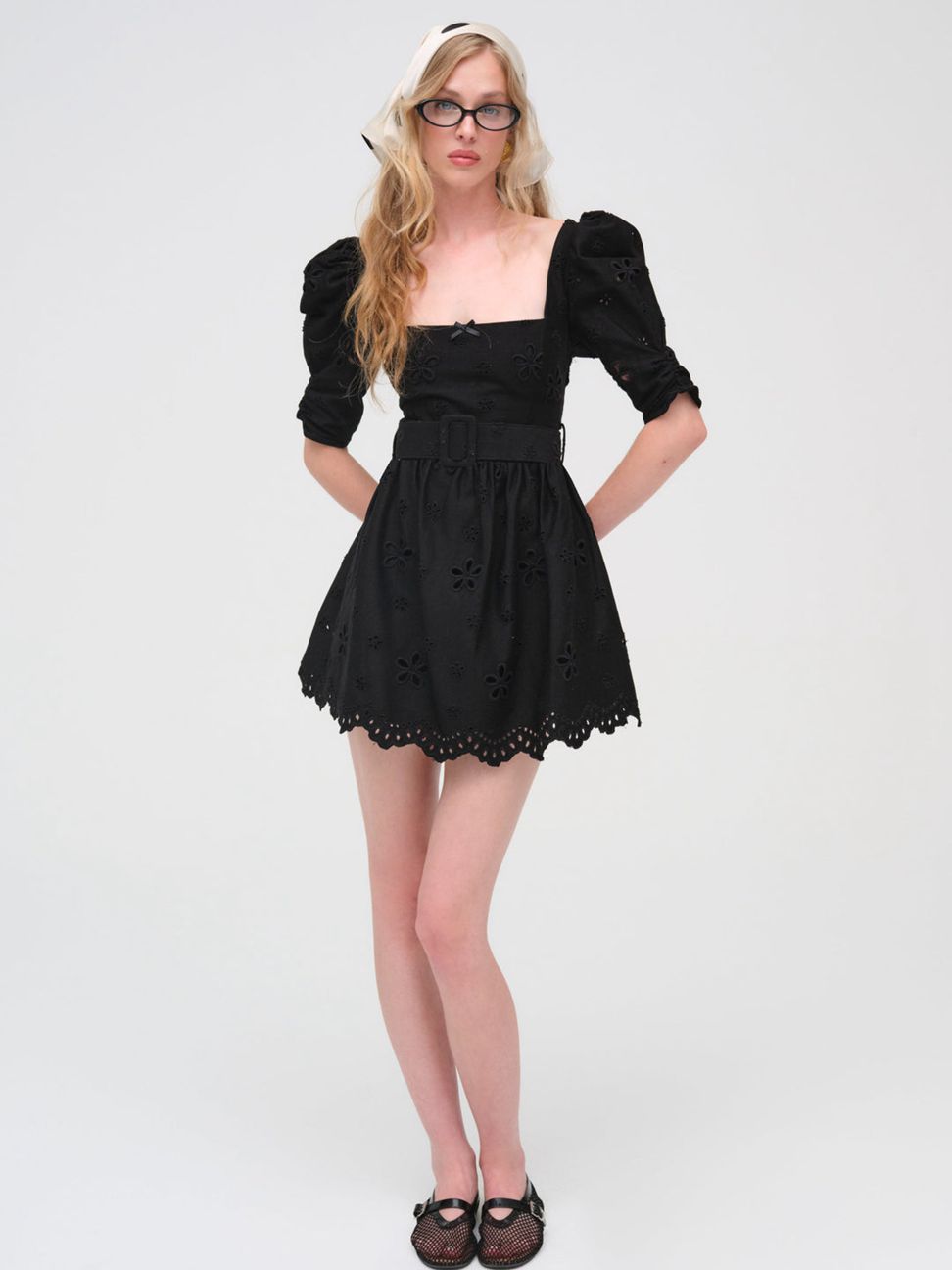 Black For Love & Lemons Daisy Eyelet Belted Mini Dress | US-POAN59480