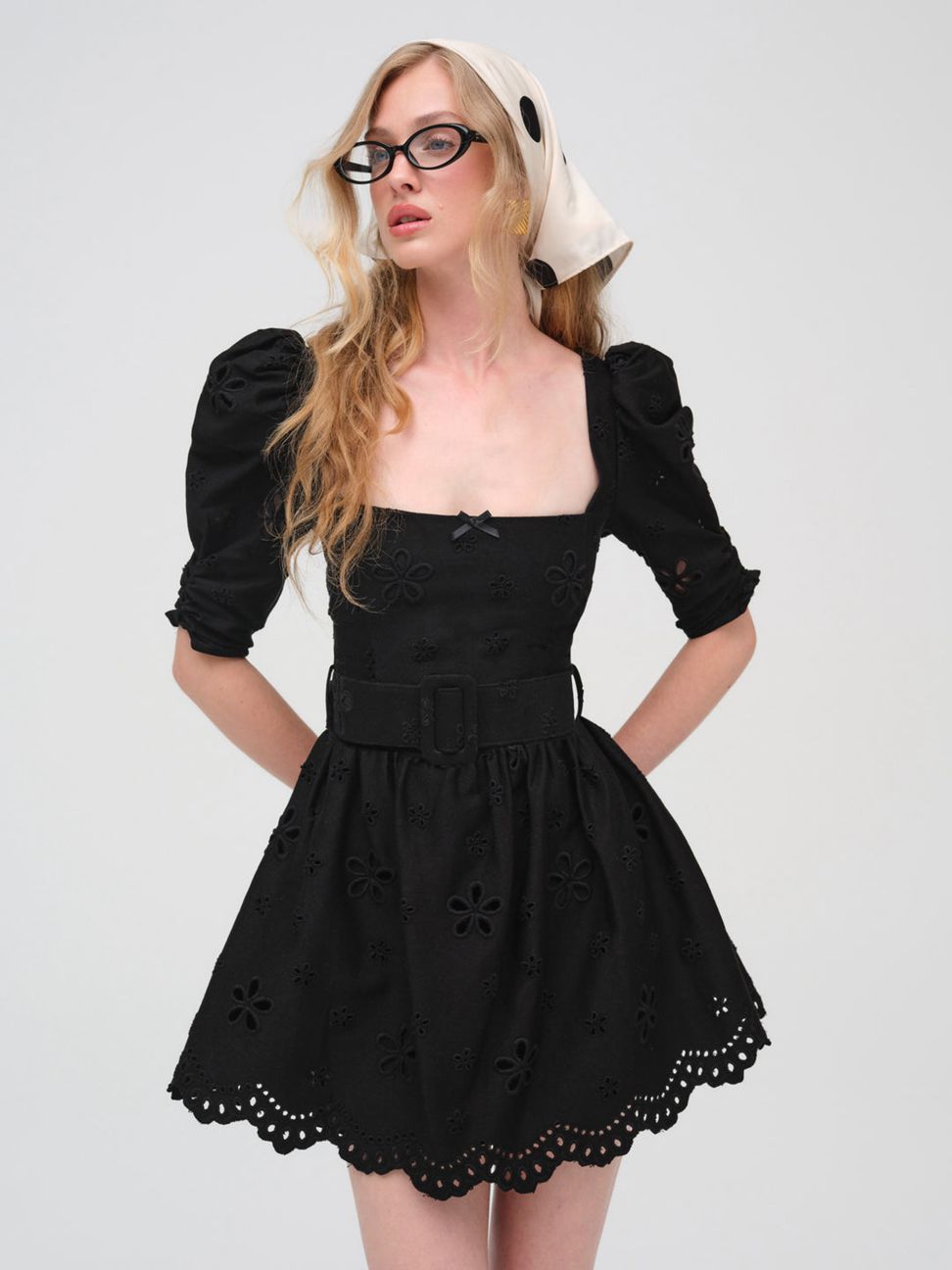 Black For Love & Lemons Daisy Eyelet Belted Mini Dress | US-POAN59480