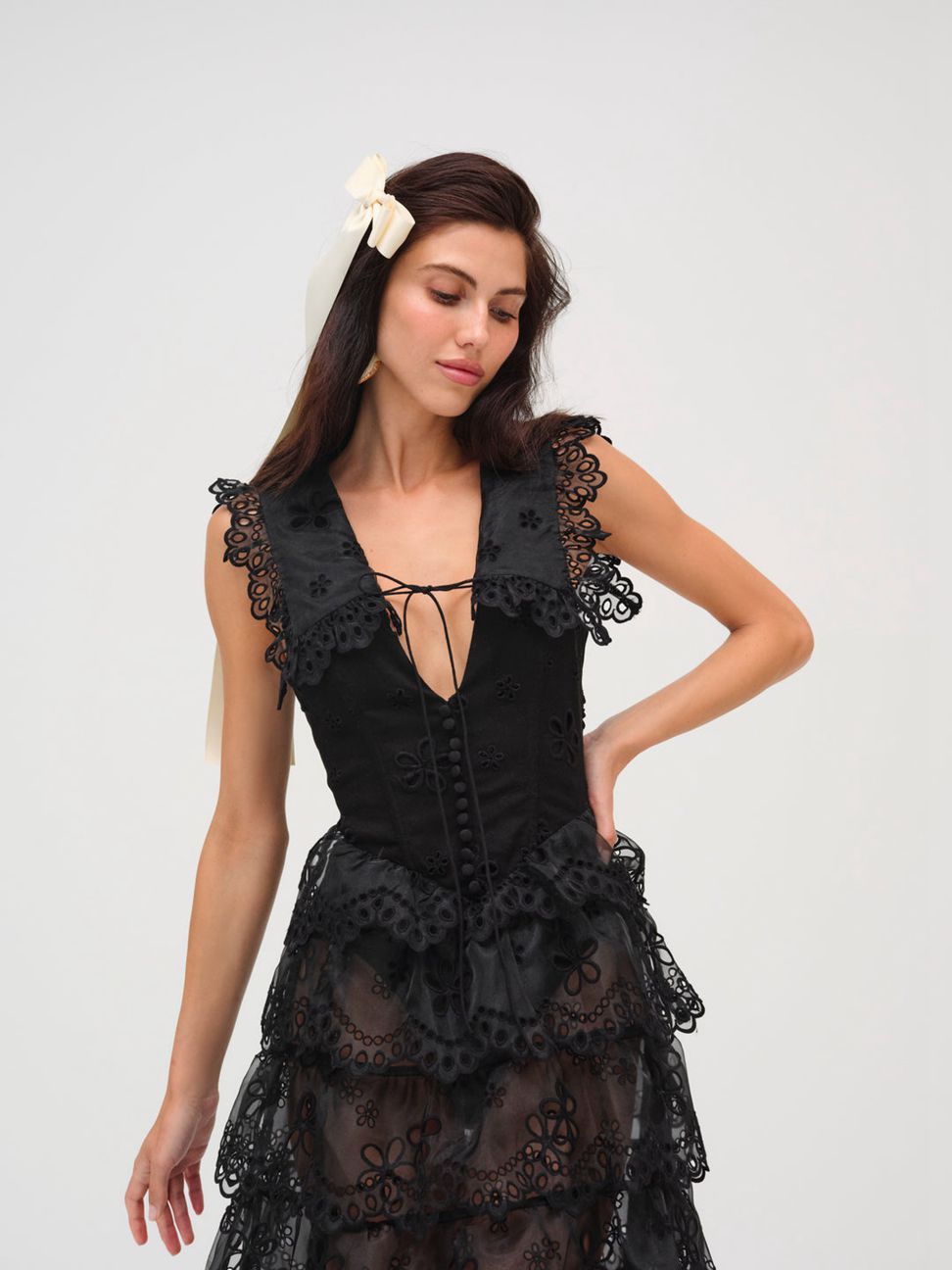 Black For Love & Lemons Daisy Eyelet Midi Dress | US-WDQA90218