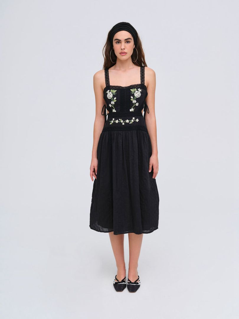 Black For Love & Lemons Jolene Embroidered Midi Dress | US-SXPA46281