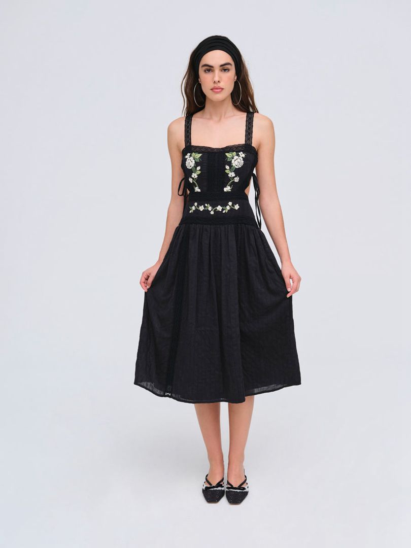 Black For Love & Lemons Jolene Embroidered Midi Dress | US-SXPA46281