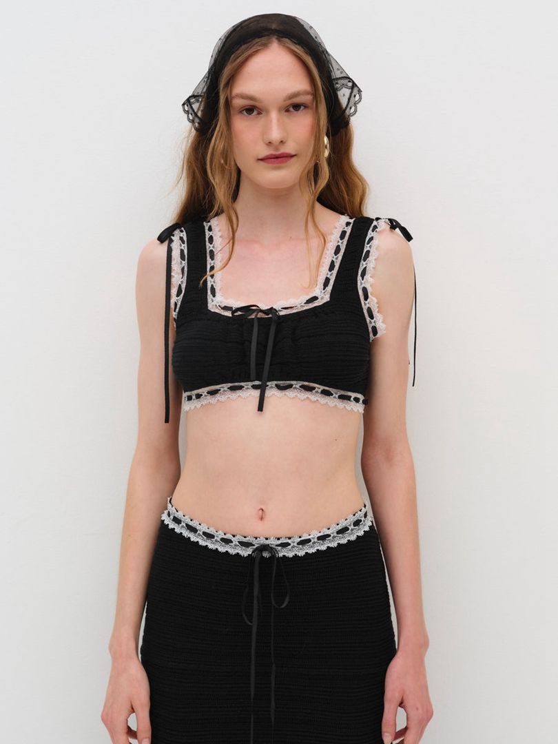 Black For Love & Lemons Mayfair Crochet Crop Top | US-KWSU38540