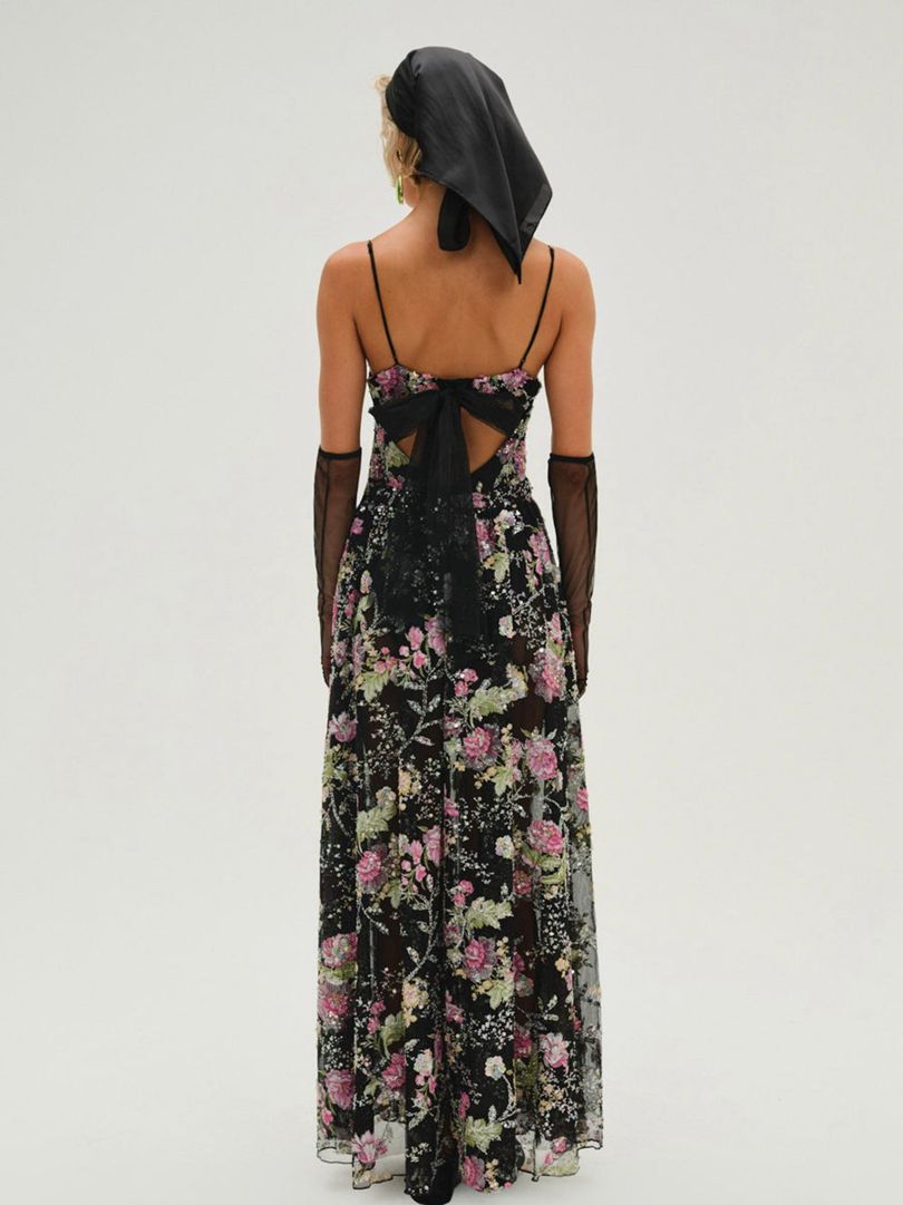 Black For Love & Lemons Night Fairy Embroidered Maxi Dress | US-AXMC21048