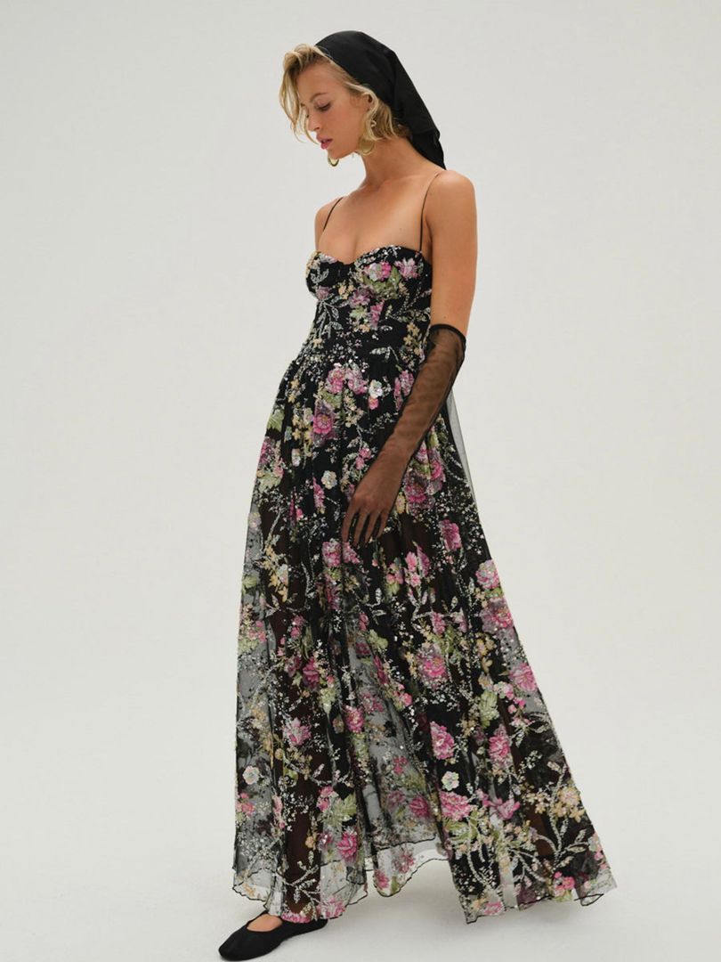 Black For Love & Lemons Night Fairy Embroidered Maxi Dress | US-AXMC21048