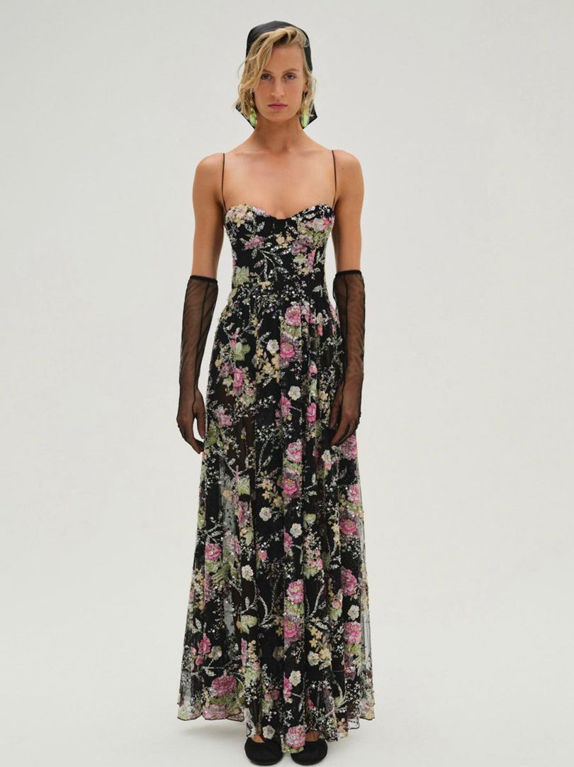 Black For Love & Lemons Night Fairy Embroidered Maxi Dress | US-AXMC21048