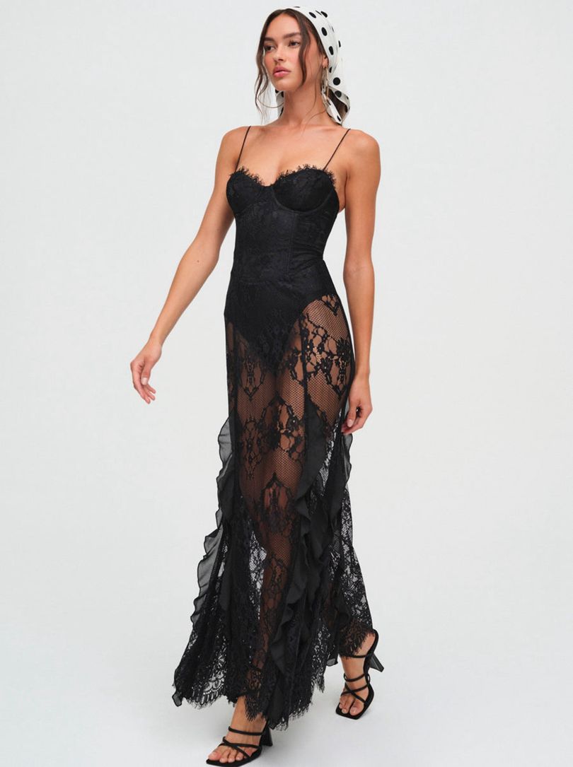 Black For Love & Lemons Shirley Lace Maxi Dress | US-ZEPV84061