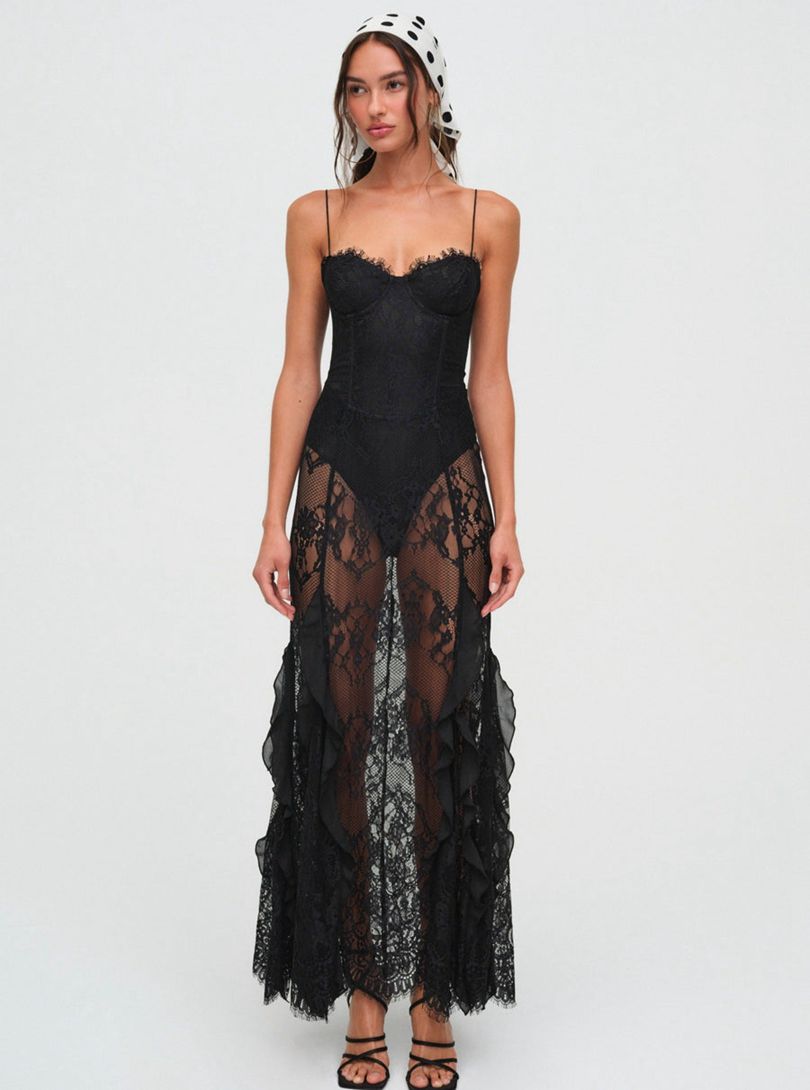 Black For Love & Lemons Shirley Lace Maxi Dress | US-ZEPV84061