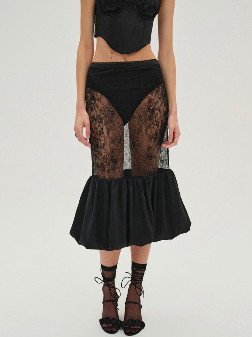 Black For Love & Lemons Sugarplum Lace Midi Skirt | US-GKPW28134