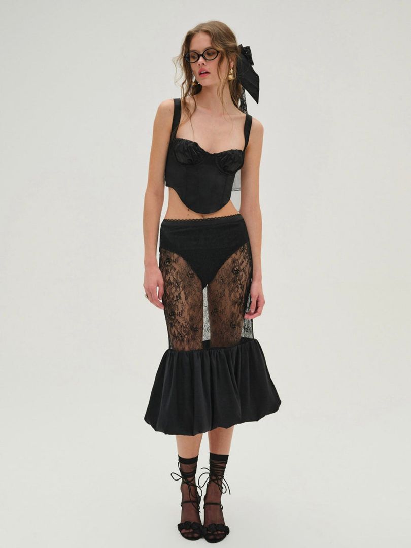 Black For Love & Lemons Sugarplum Lace Midi Skirt | US-GKPW28134