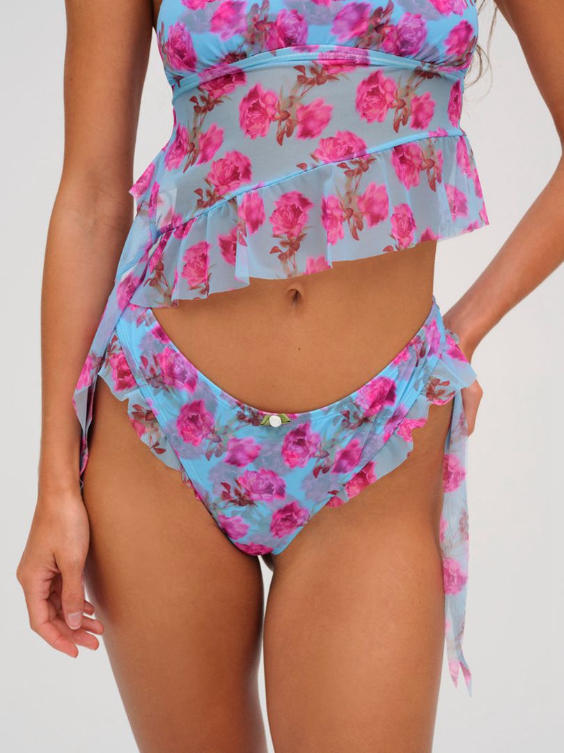 Blue For Love & Lemons Floral Stems Ruffle Bikini Bottom | US-RCPA32790