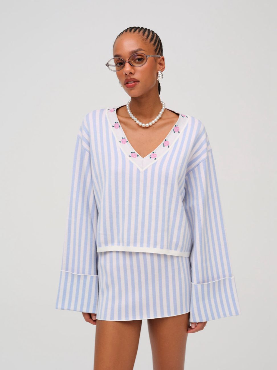 Blue / White For Love & Lemons Edie Jacquard Knit Sweater | US-ZAXV18640