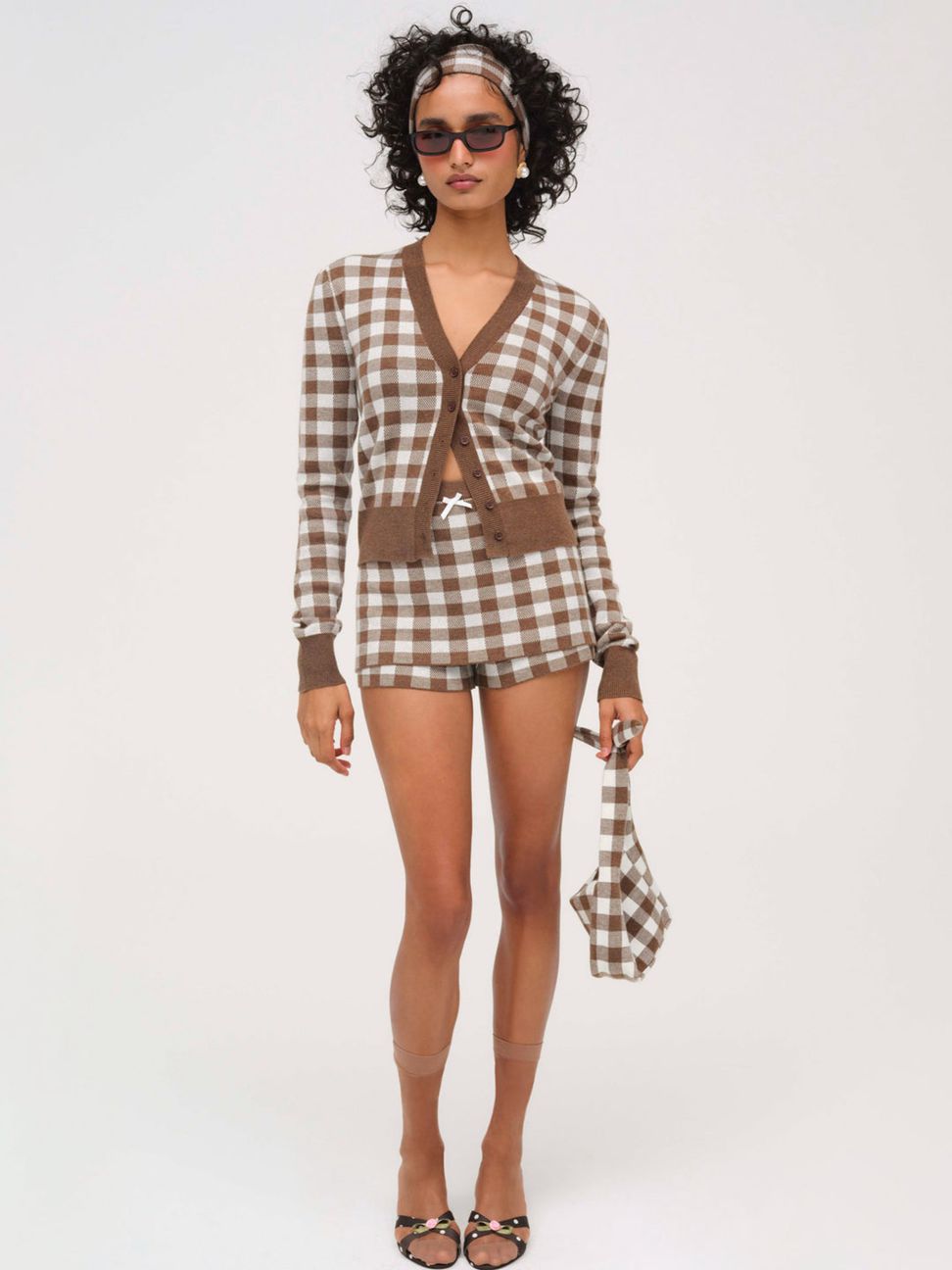 Brown / White For Love & Lemons Gingham Knit Cardigan | US-SFMD43026