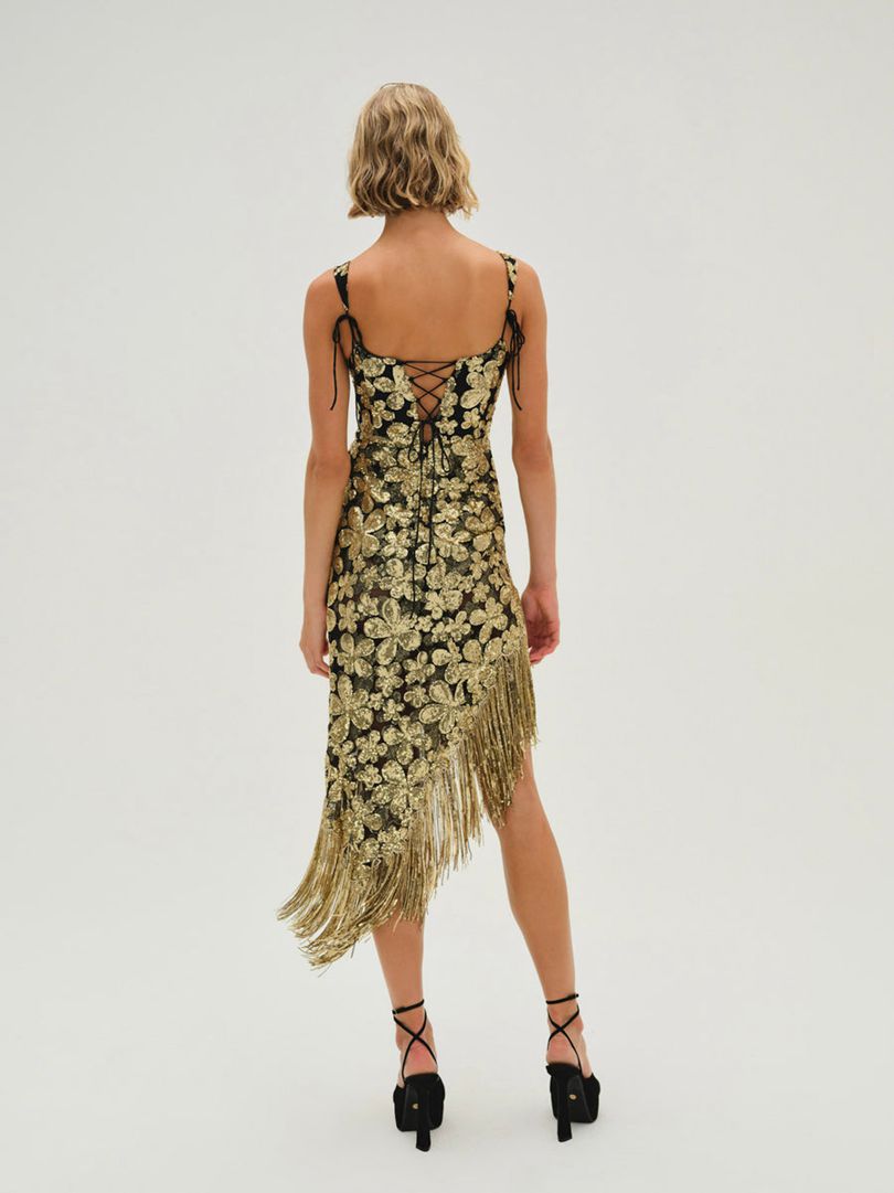 Gold For Love & Lemons Anisa Fringe Midi Dress | US-TBDF73469