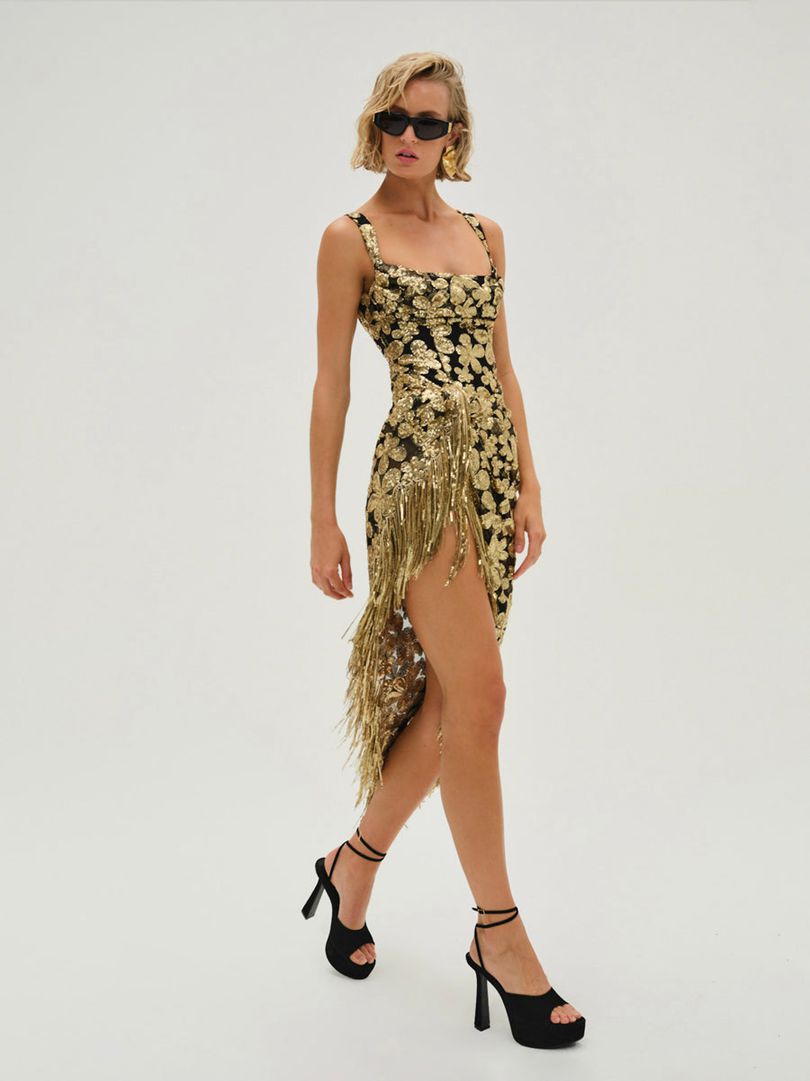 Gold For Love & Lemons Anisa Fringe Midi Dress | US-TBDF73469