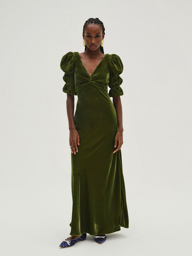 Green For Love & Lemons Martini Velvet Maxi Dress | US-TMLI67320