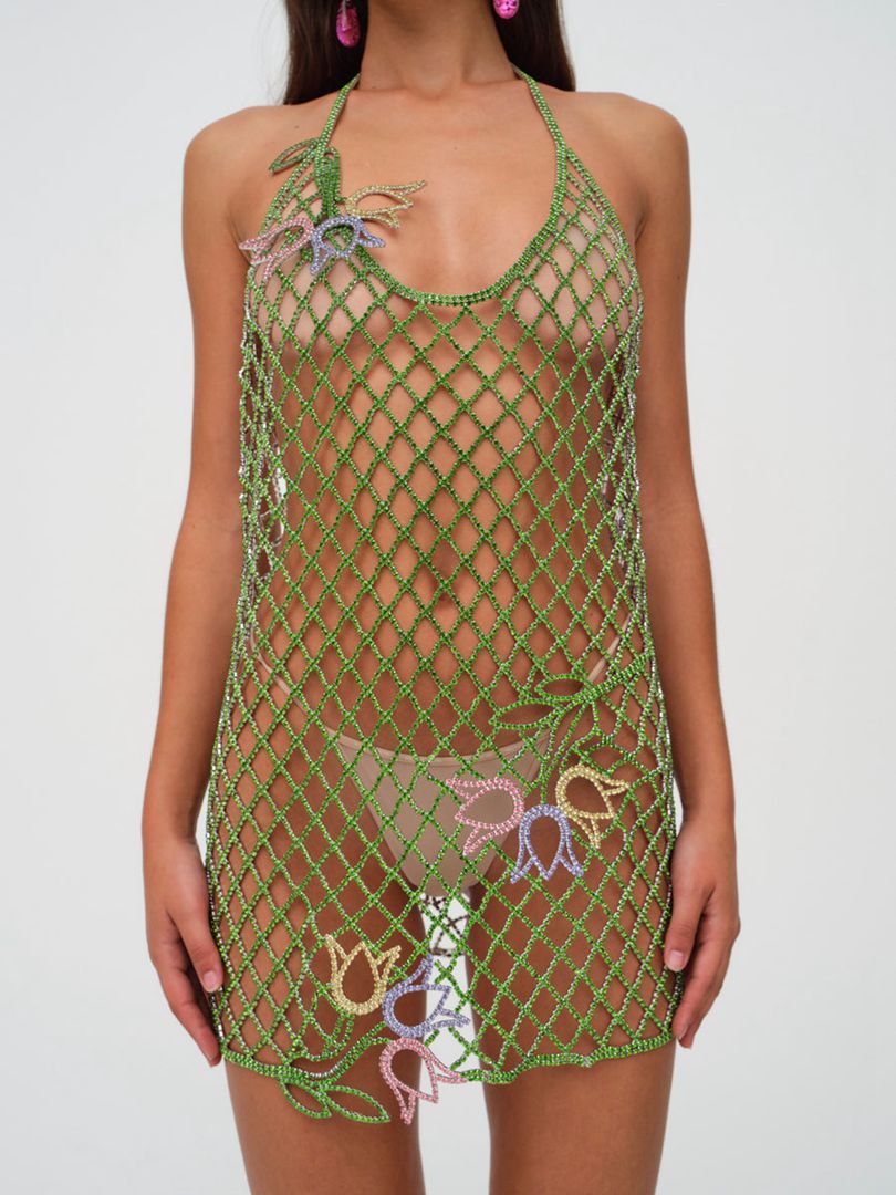 Green For Love & Lemons Tulip Grid Rhinestone Mini Dress | US-DUMA56943