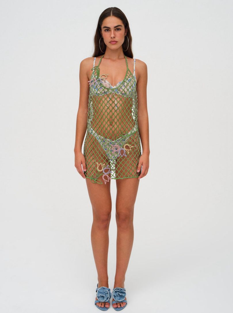 Green For Love & Lemons Tulip Grid Rhinestone Mini Dress | US-DUMA56943