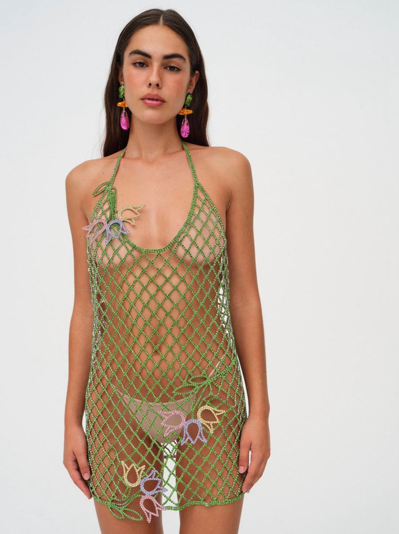 Green For Love & Lemons Tulip Grid Rhinestone Mini Dress | US-DUMA56943