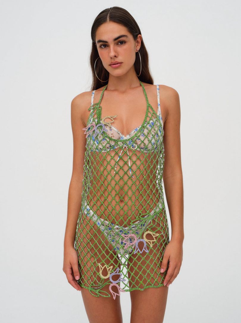 Green For Love & Lemons Tulip Grid Rhinestone Mini Dress | US-DUMA56943