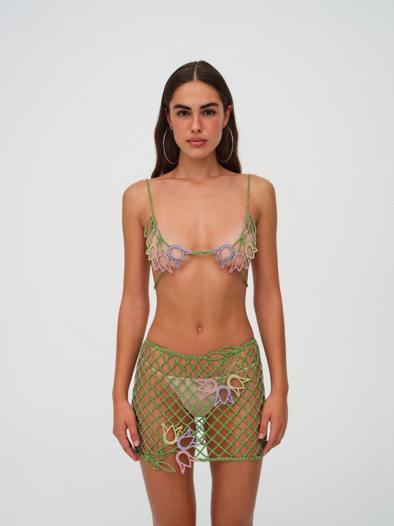 Green For Love & Lemons Tulip Grid Rhinestone Bralette | US-FJYE81679