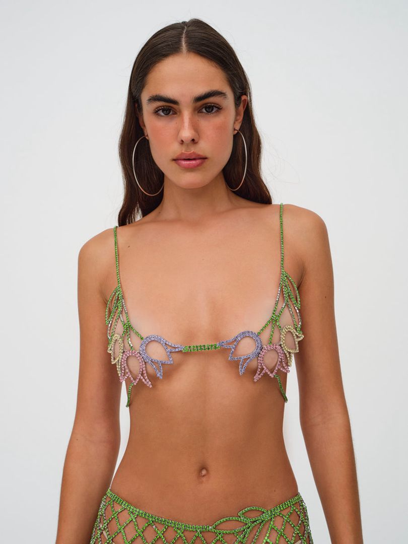 Green For Love & Lemons Tulip Grid Rhinestone Bralette | US-FJYE81679