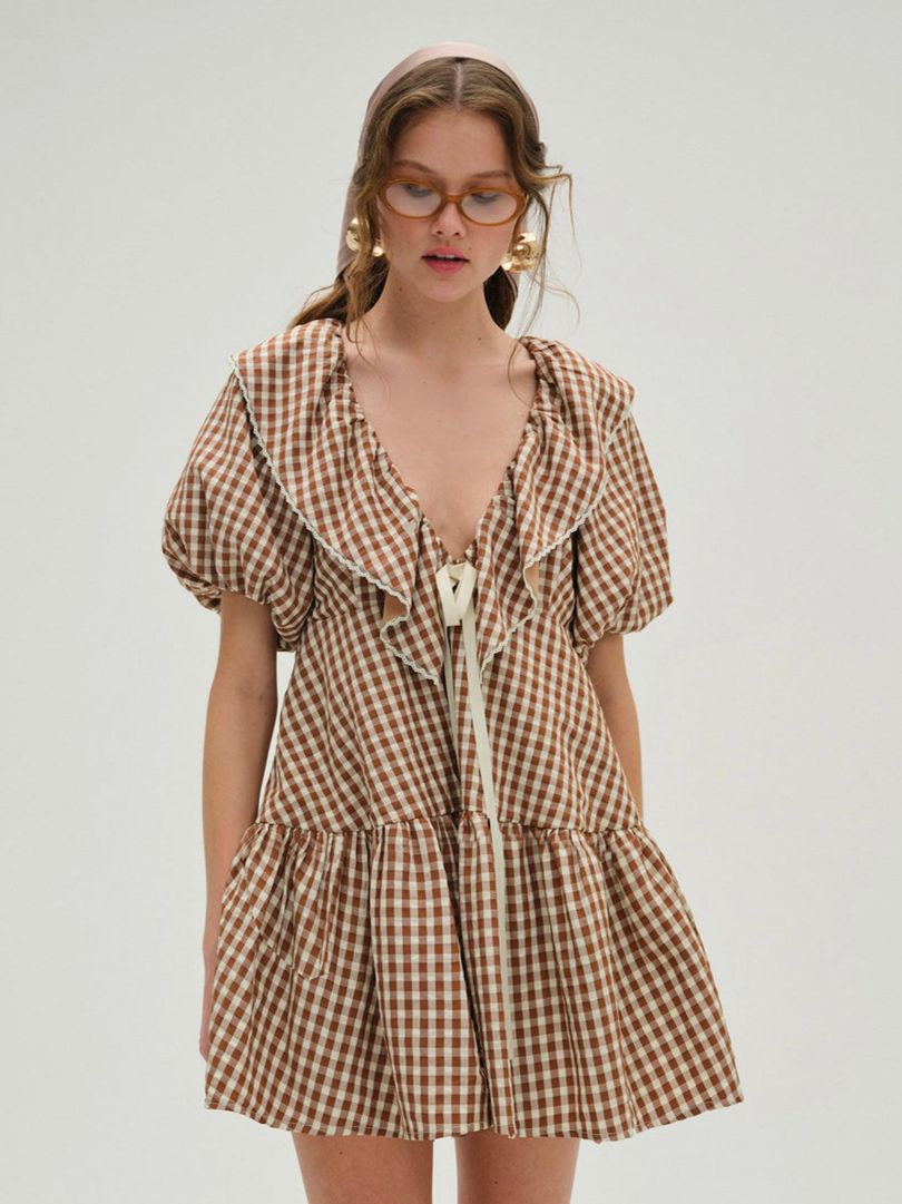 Neutral For Love & Lemons Gingerbread Gingham Mini Dress | US-MELG92146