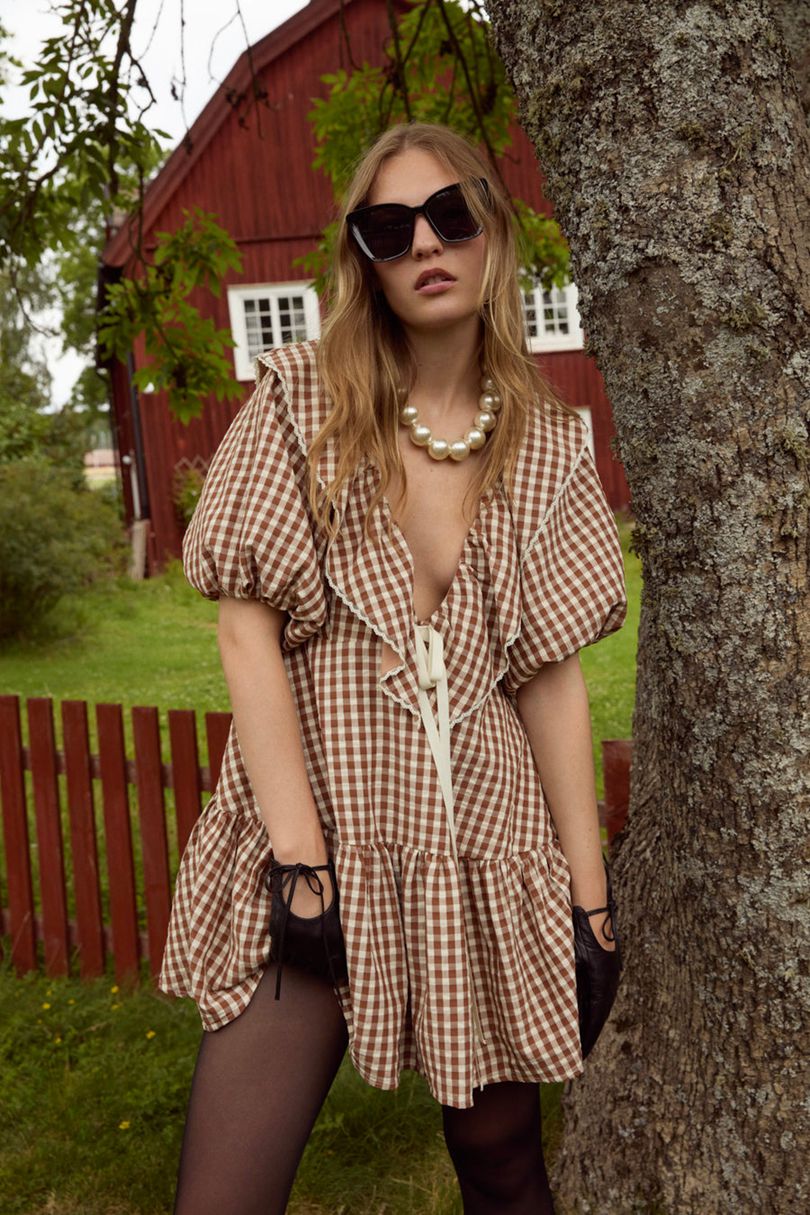 Neutral For Love & Lemons Gingerbread Gingham Mini Dress | US-MELG92146