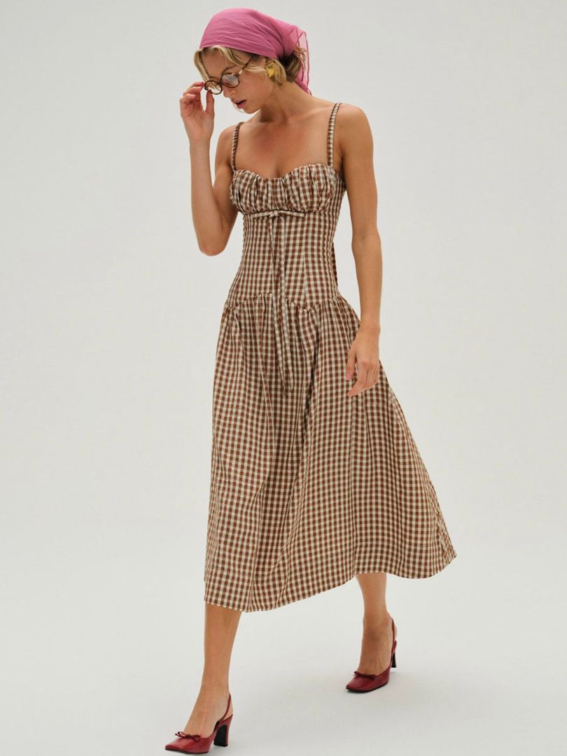 Neutral For Love & Lemons Gingerbread Gingham Midi Dress | US-CPQI53409