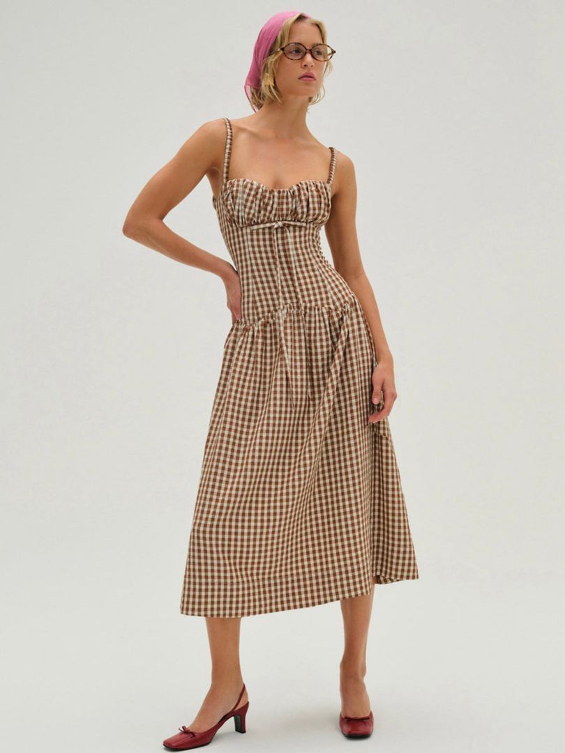 Neutral For Love & Lemons Gingerbread Gingham Midi Dress | US-CPQI53409