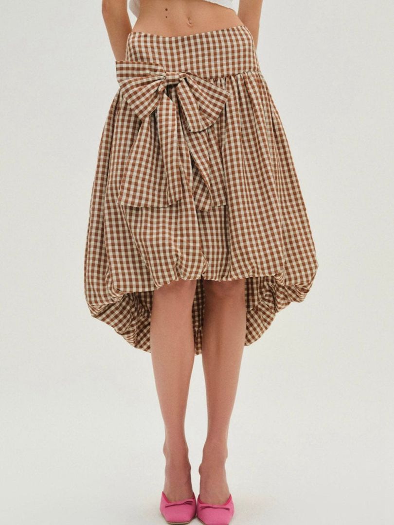 Neutral For Love & Lemons Gingerbread Gingham Midi Skirt | US-LQXP89253