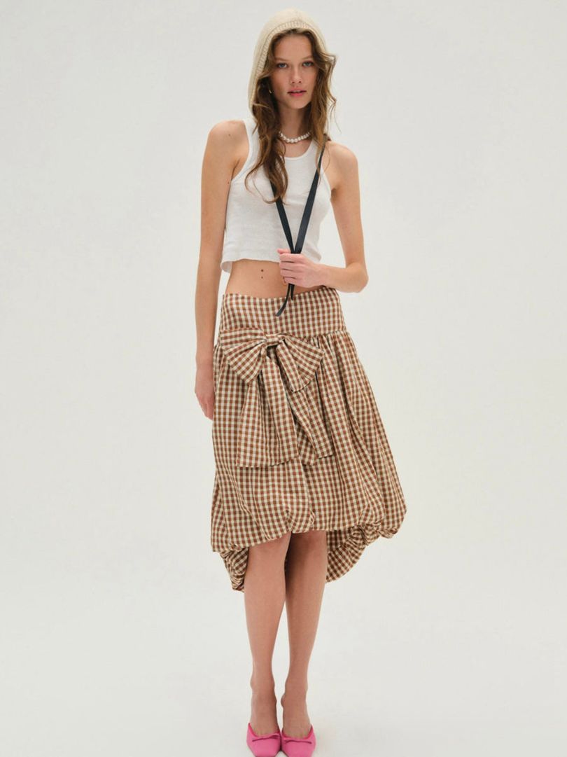 Neutral For Love & Lemons Gingerbread Gingham Midi Skirt | US-LQXP89253