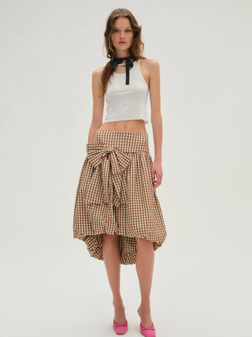 Neutral For Love & Lemons Gingerbread Gingham Midi Skirt | US-LQXP89253