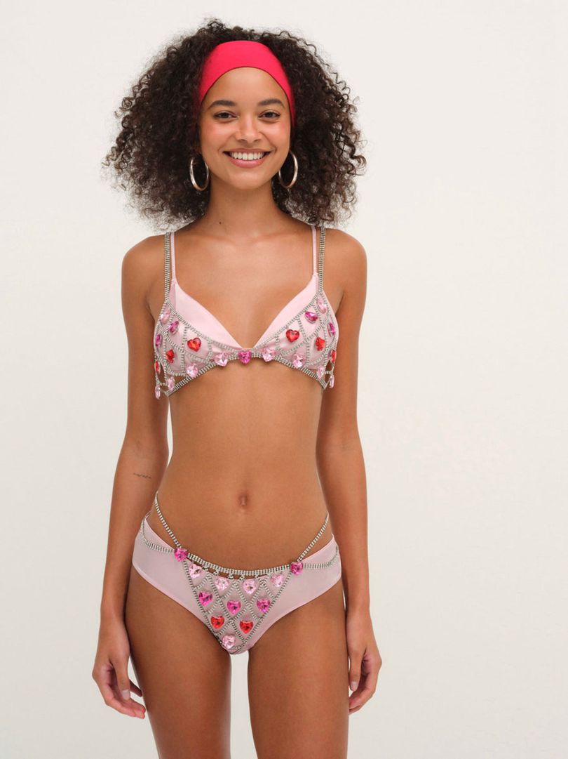 Pink For Love & Lemons Rhinestone Heart Thong | US-WQNF81029