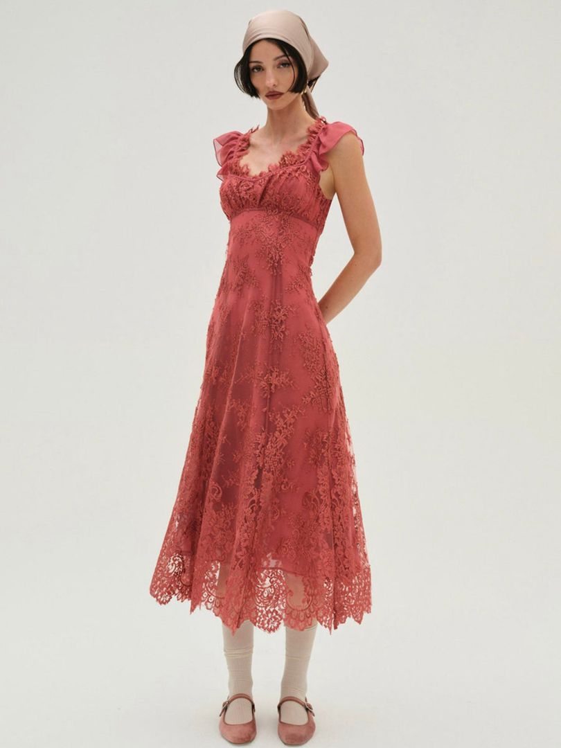 Red For Love & Lemons Holiday Lace Midi Dress | US-LRJV3126