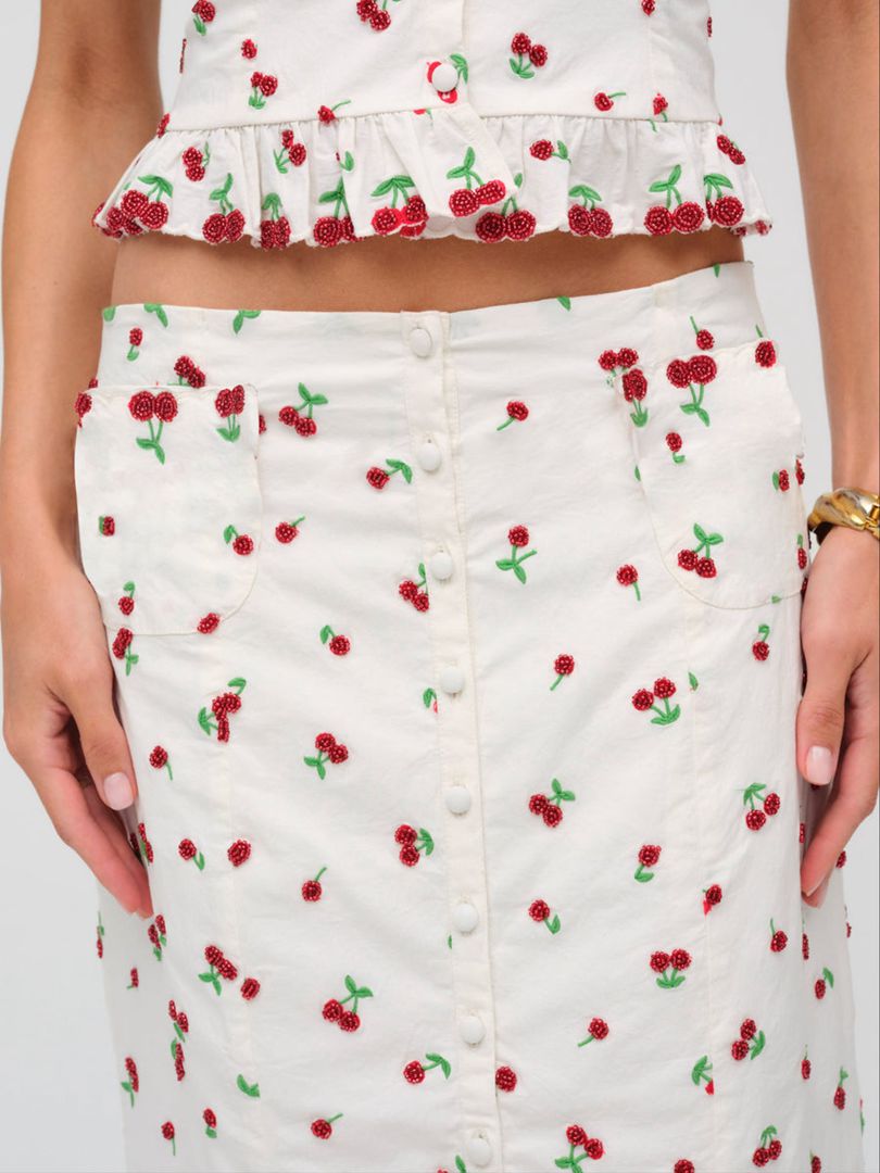 White For Love & Lemons Beaded Cherries Midi Skirt | US-AVBS25041